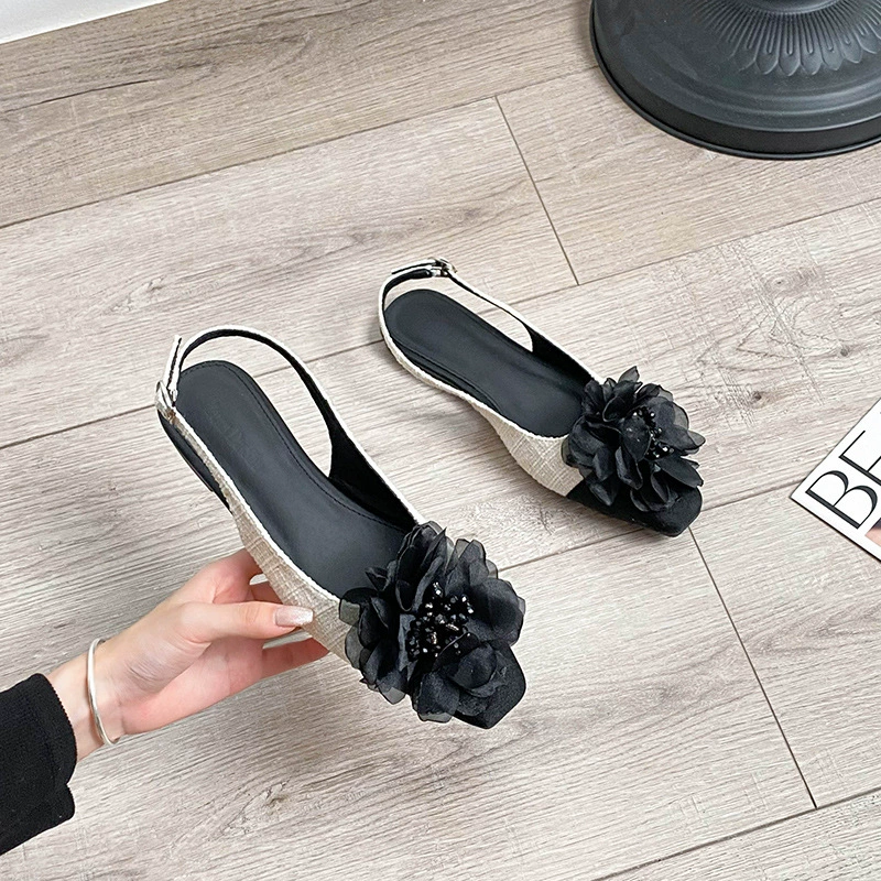 2025 новый стиль Wild Baotou шлепанцы женские одиночные туфли балет банты со стразами кружева женские туфли большого размера 41-43