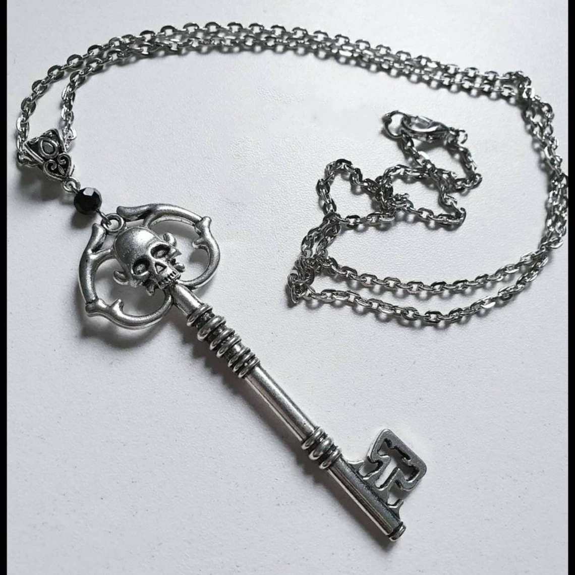 Key pendant necklace, antique silver with crystal accent, gothic style, alloy, 8.8×6.8×1 cm