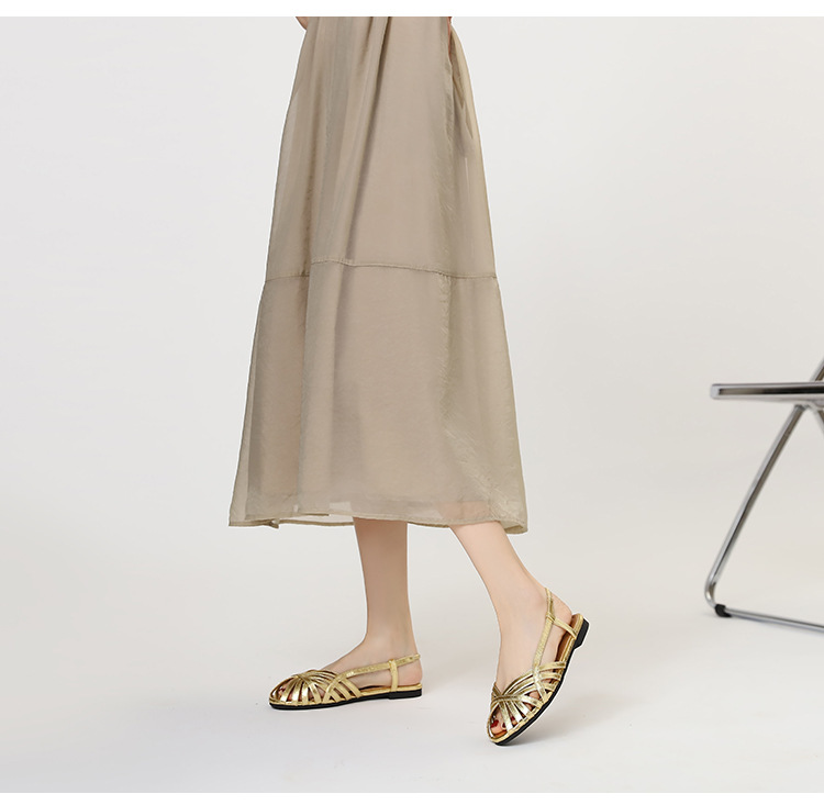 Shiny Orange Roman-style Flat Sandals With Cross Straps, Open Toe, Back Strap, Versatile For Commuting, Women's Shoes_desvips.com