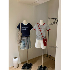セナ [WGWE] 年齢軽減ラウンドネックコントラストプリント半袖Tシャツレディース夏人気万能ショートトップス