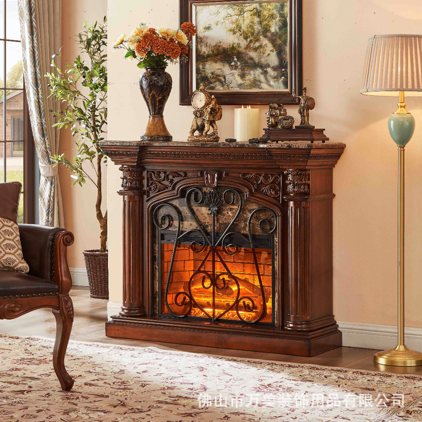 American-Style Retro Carved Solid Wood Fireplace Mantel with Electronic Heating, Fireplace Cabinet for Hotel and Homestay Decoration