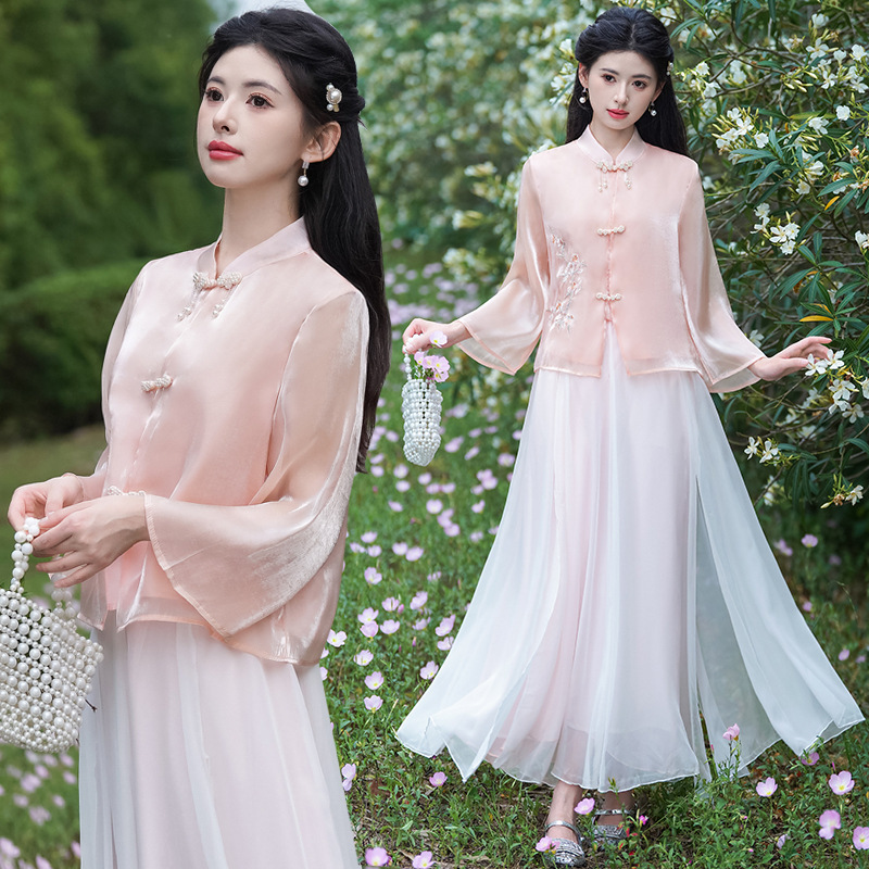 Actual Shot of New Chinese-Style Hanfu Tang Suit with Stand Collar, Bead Plate Buttons, Heavy Embroidery Top Paired with a Traditional Chinese-Style Skirt Set