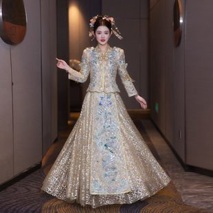 Bride's Xiuhe Suit Summer New Heavy Craft Champagne Gold Wedding Dress Light Luxury Wedding Toast Dress Chinese Style Wedding Suit Xiuhe