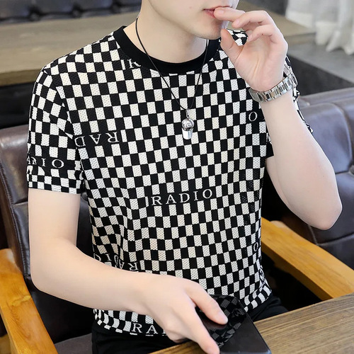 Ice silk short sleeve t-shirt for men, casual fashion clothing, round neck men's clothing, summer printed trendy t-shirt top