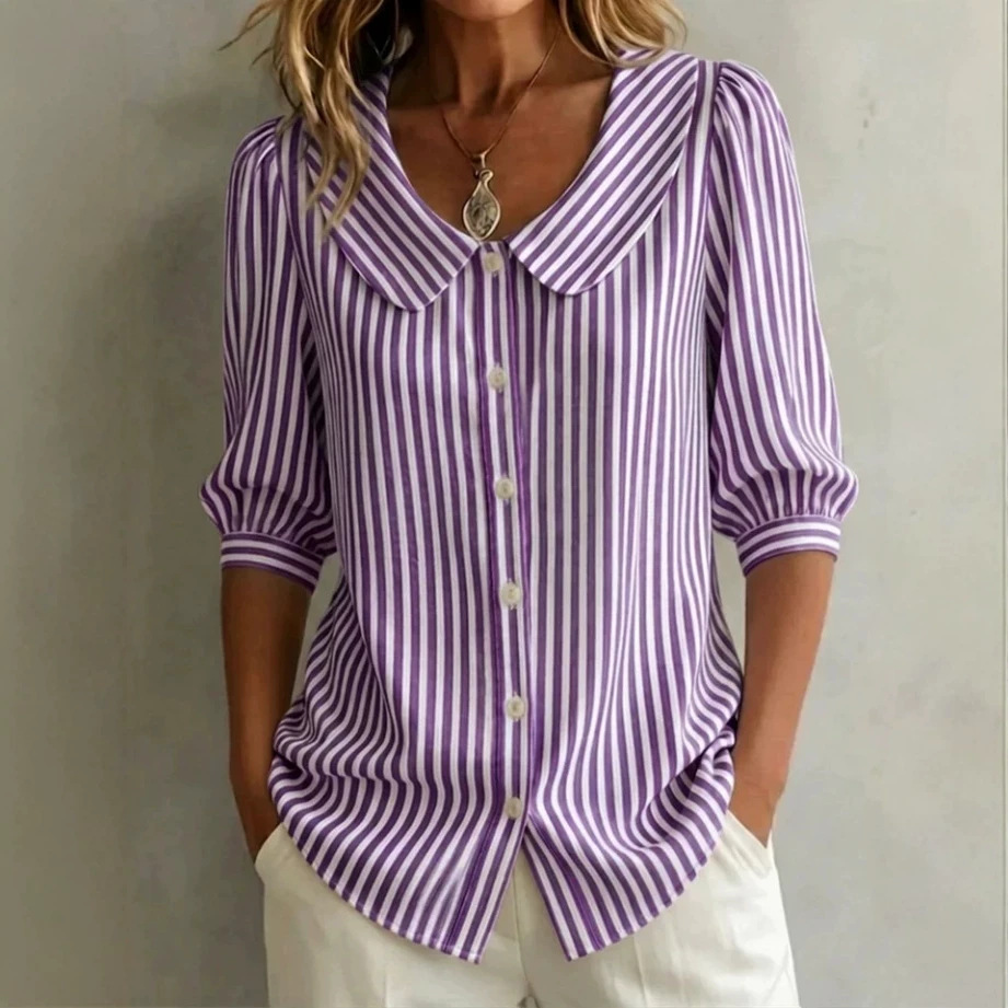 Women's Classic Stripe Summer Shirt Breathable Casual Long Sleeve Top Versatile Office And Weekend Wear_ecoleips.com