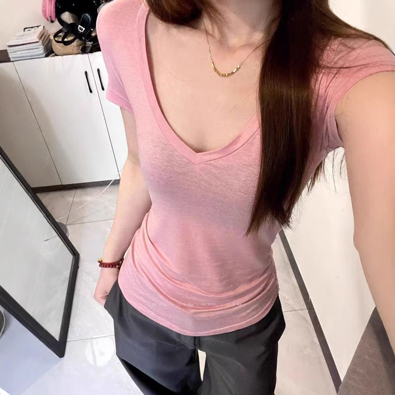 Jianmanni Summer Sexy Cool V-Neck Slim-Fit Short-Sleeve T-Shirt for Women, Pure Desire Style, Slightly See-Through, Waist-Cinching, Spicy Girl Casual Top Jianmanni Summer Sexy Cool V-Neck Slim-Fit Short-Sleeve T-Shirt for Women, Pure Desire Style, Slightly See-Through, Waist-Cinching, Spicy Girl Casual Top