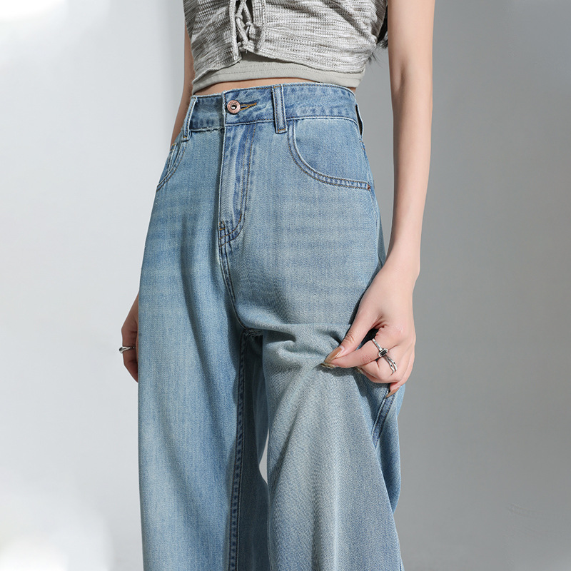 Light Blue Drapey Tencel Wide-Leg Jeans for Women, 2026 Summer Thin New High-Waisted Loose Straight Floor-Length Pants