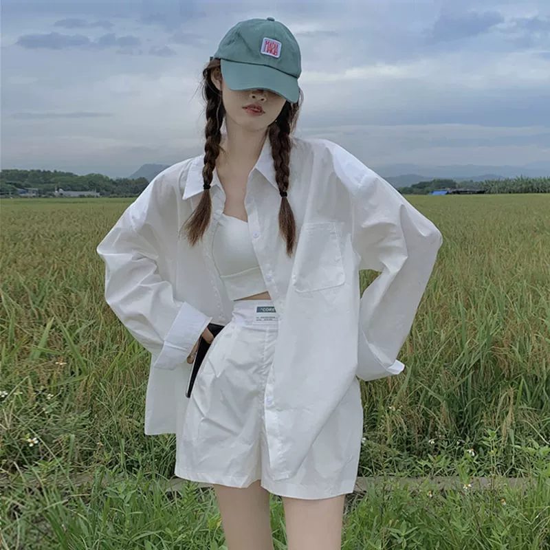 Белая рубашка женская укладка Весенняя белая рубашка школьница носит внутреннюю и внешнюю рубашку рубашка женская 2022