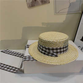 日系格子系带平顶交叉麦草帽子遮阳防晒时装帽草帽 女夏天 沙滩帽
