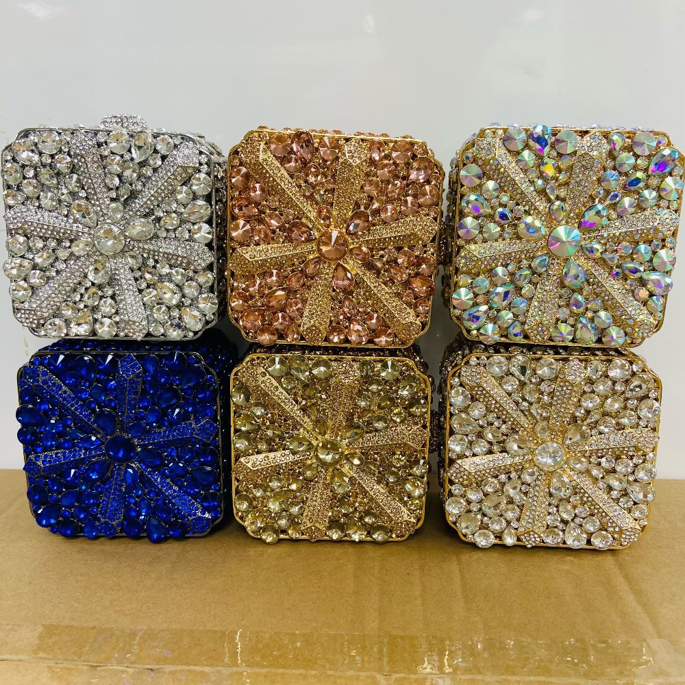 Túi clutch dạ hội hình vuông nhỏ đính đá pha lê kiểu cối xay gió — Màu vàng, Màu sâm panh, Nền vàng kim cương trắng, Vàng AB chi tiết 1