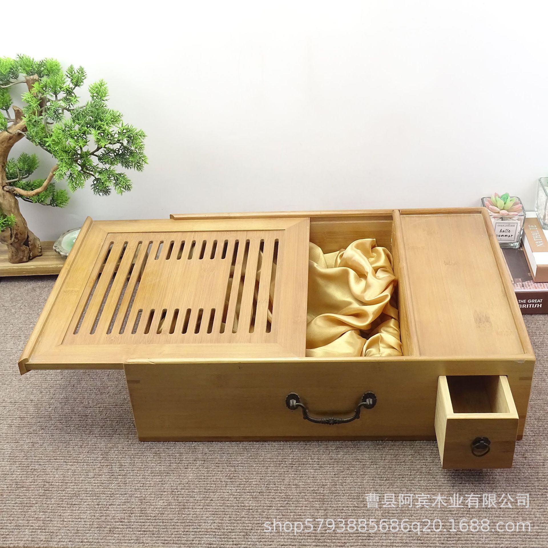 功夫茶具茶盘竹制茶托茶台家用客厅简约大小号储水抽屉排水式茶海