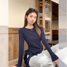 圆领不规则荷叶边下摆长袖T恤女2025秋季修身显瘦内搭打底衫上衣