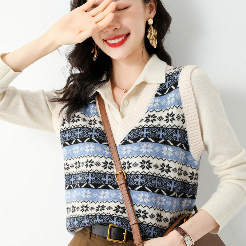 Lana mezclada 2024 primavera nueva mujer con cuello en V Jacquard Chaleco de punto Chaleco Corto suéter suelto chaleco