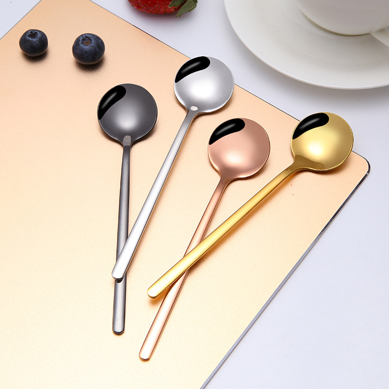 304 de acero inoxidable cuchara redonda pequeña cuchara de café cuchara de mango largo cuchara de mezcla cuchara de postre hogar cuchara de helado fábrica al por mayor