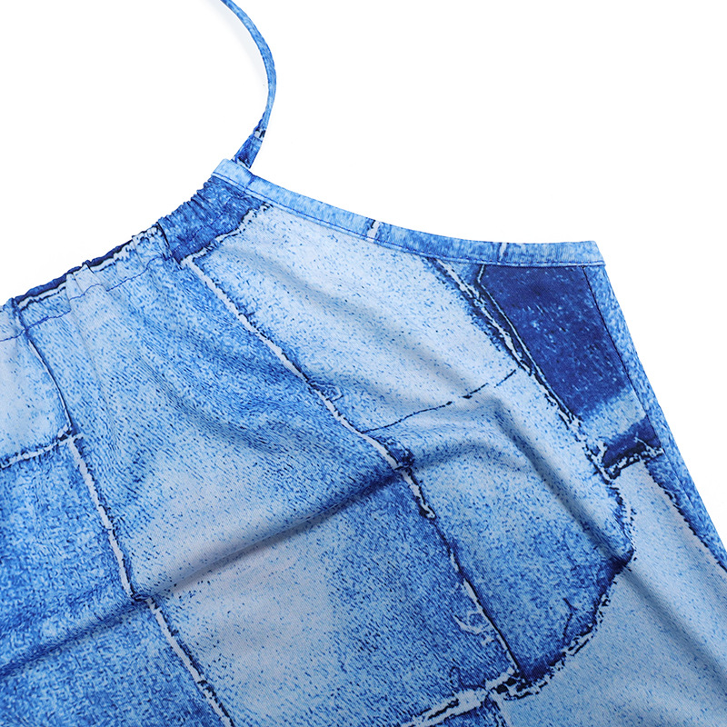 Women Clothing Sexy Slim Fit Hip Dress Imitation Denim Printing Slip Dress