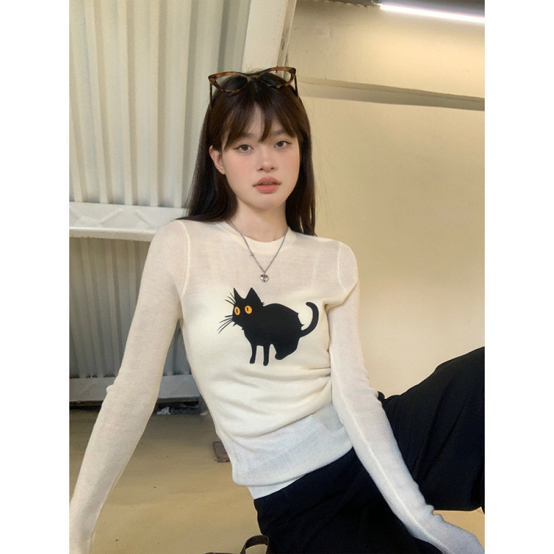 猫咪印花长袖T恤女装秋季新款薄毛织针织衫显瘦辣妹内搭上衣毛衣|undefined