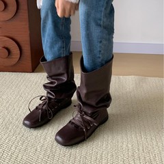 超软小羊皮~真皮方头褶皱西部堆堆靴女复古厚底大筒围骑士靴长靴