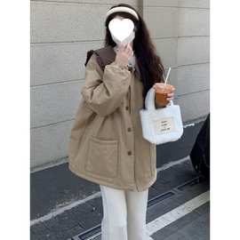 大码女装2024冬季新款胖mm韩版木耳边娃娃领拼接宽松棉衣棉服外套