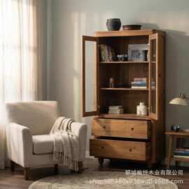 实木带门玻璃收纳手办展示柜榆木家用书房落地靠前餐边柜客厅柜子