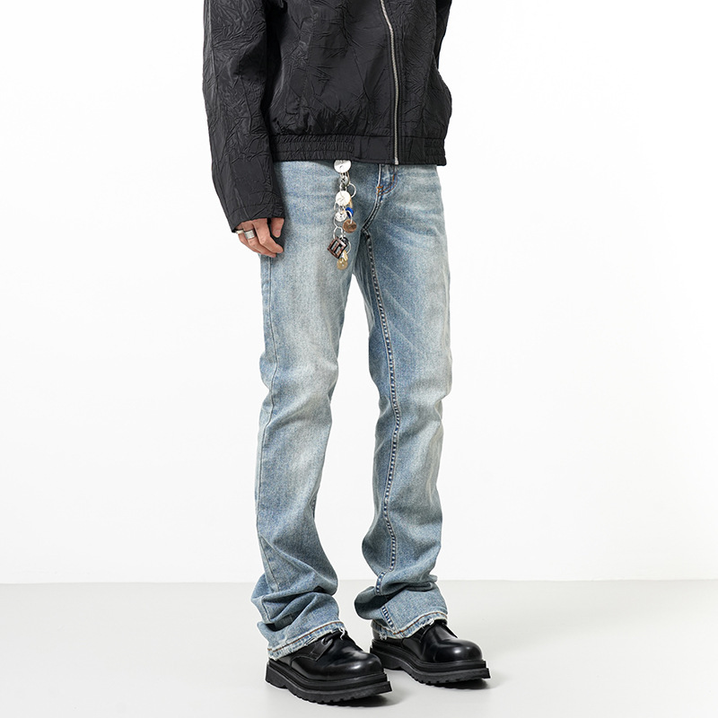 2024 American Style High Street Washed Micro-flared Jeans Men's light blue Straight Casual cleanfi T-shaped