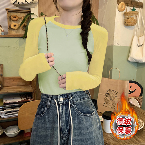 Denim-style arc hem contrasting patchwork trendy velvet long-sleeved base shirt for autumn and winter women's innerwear