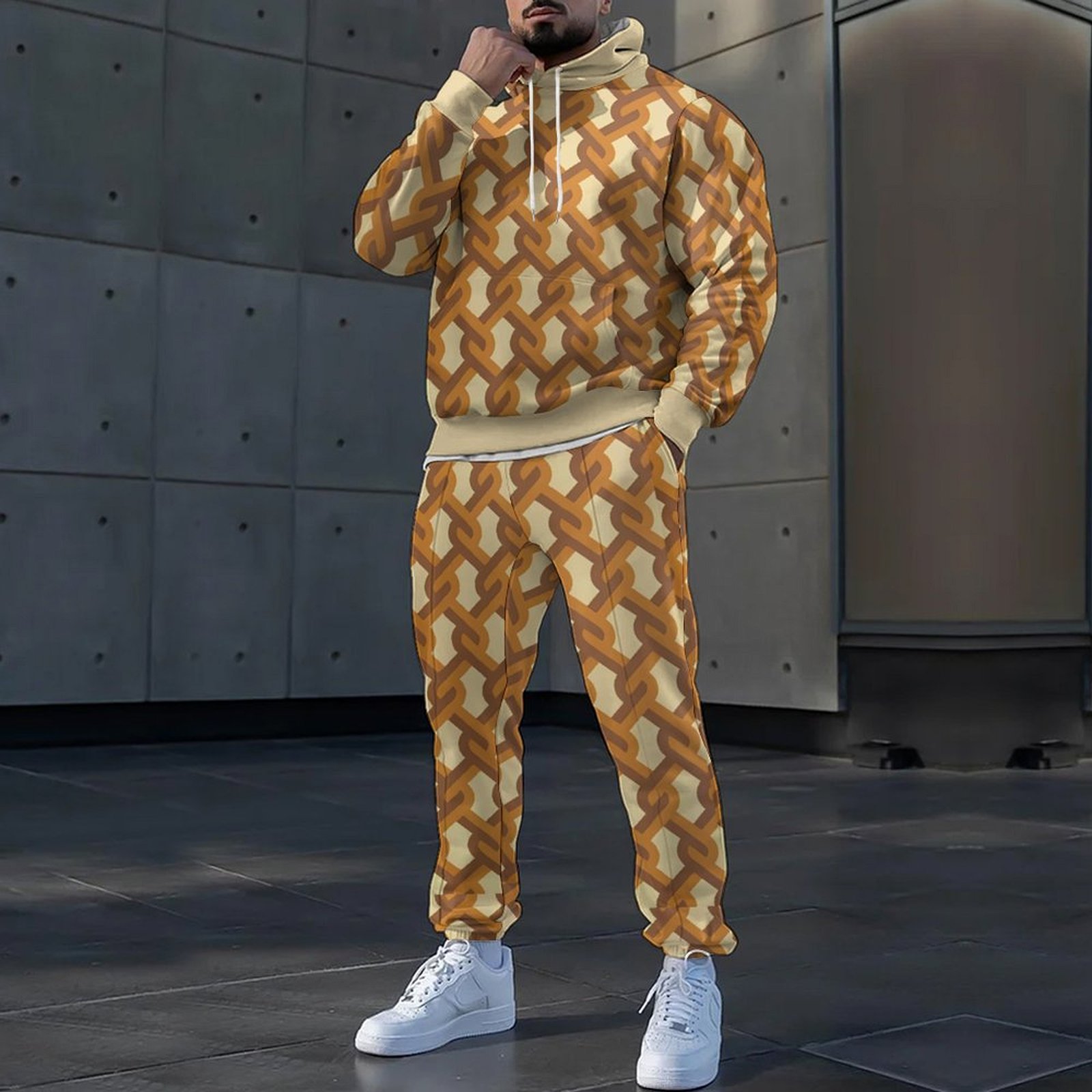 Otoño nuevo estilo de los hombres colorido color de contraste estilo de diseño estilo popular cordón suéter con capucha pantalones MC11-ML1