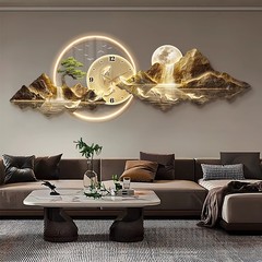 時計付き壁付き客間装飾画現代軽贅沢ソファー背景壁掛け画高級壁灯画日照金山