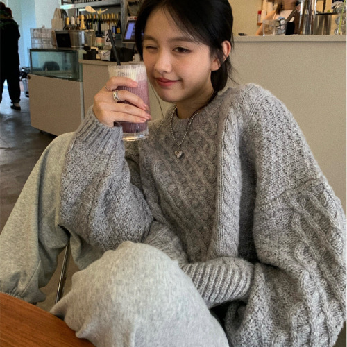 Women's Cozy Knit Sweater, Casual Streetwear High-End Round Neck Woolen Cardigan, Autumn/Winter Trendy Fashion Outerwear