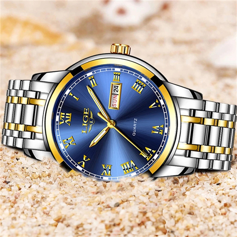 LIGE 9846-Semana banda de acero disco reloj de negocios elegante personalidad calendario hombres reloj casual transfronterizo