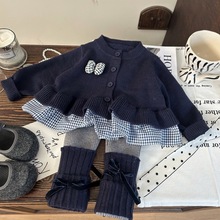 韩版童装2025新款秋季女童学院风格子毛衣开衫蝴蝶结堆堆袜打底裤