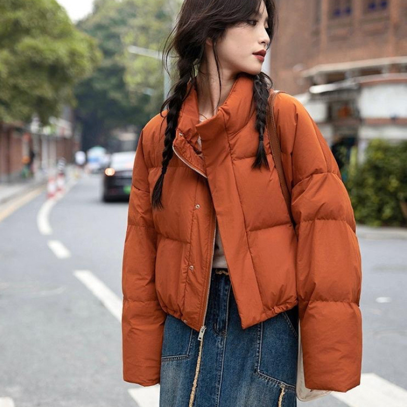羽绒服ins风橘色2024冬季新加厚短款面包服宽松韩版小个子外套女