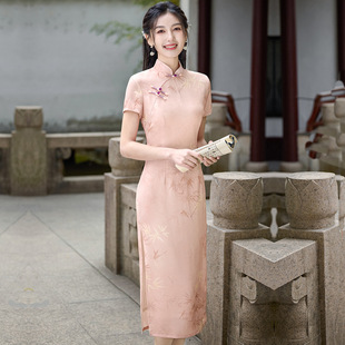 Pink Bamboo Leaf Lady Mid-length Cheongsam 2025 Spring New Short-sleeved Improved New Chinese Style Daily Young Style