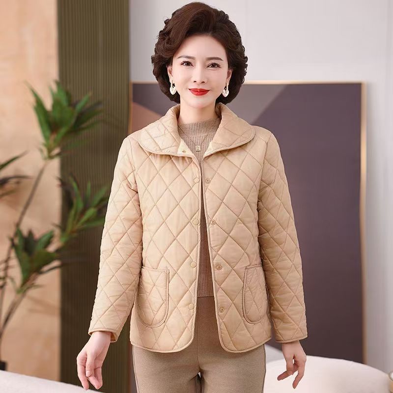 加厚保暖棉衣女娃娃领尼丝纺长袖外套冬季新款菱形格子加绒妈妈棉|undefined