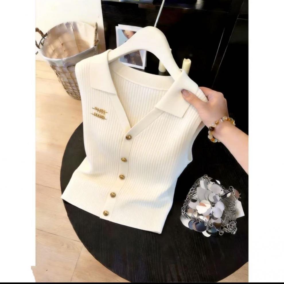 Summer New Style Women's Collared Sleeveless Knitted Vest Slim Fit Short Top_ecoleips.com