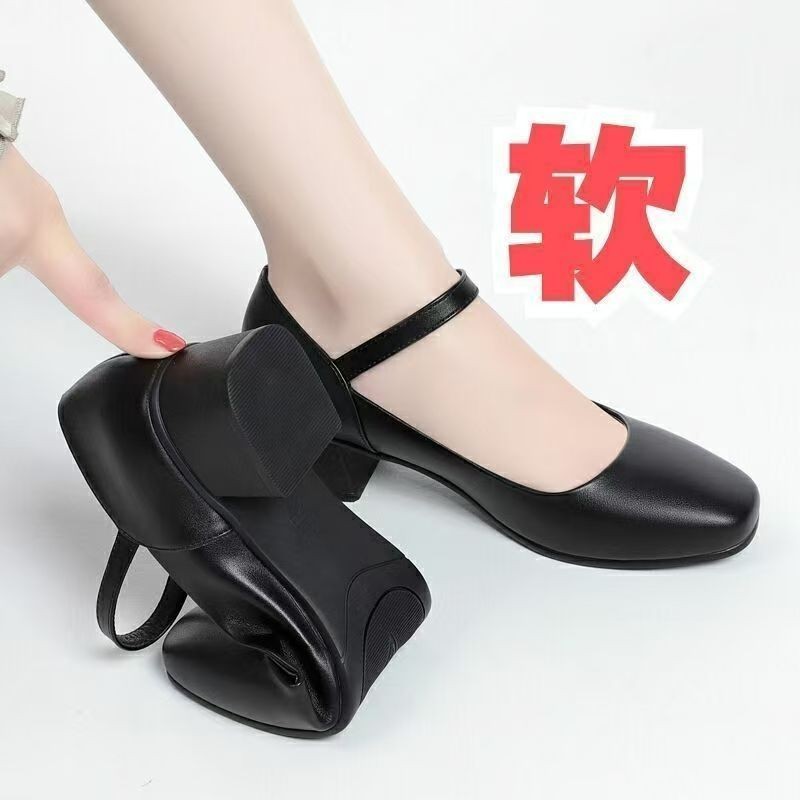 2026 Spring and Summer New Style Soft Leather Soft-Soled Chunky Heel Single Shoes for Women, Retro Style, Fashionable and Versatile, Middle-Aged and Elderly Mom Shoes