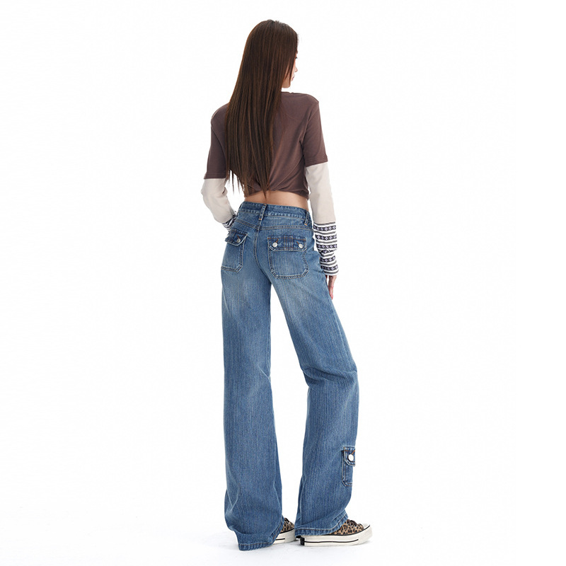 Hot Girl Gradient Denim Non-Stretch Bamboo Cotton Mid-Low Waist Slightly Flared Multi-Pocket Straight-Leg Jeans for Women Spring/Autumn Style Hot Girl Gradient Denim Non-Stretch Bamboo Cotton Mid-Low Waist Slightly Flared Multi-Pocket Straight-Leg Jeans for Women Spring/Autumn Style