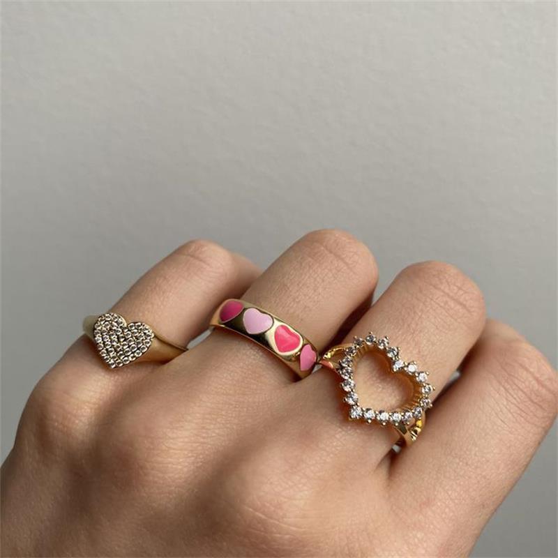 Fashion Heart Shape Copper Heart Star Inlaid Gold Gem Rings