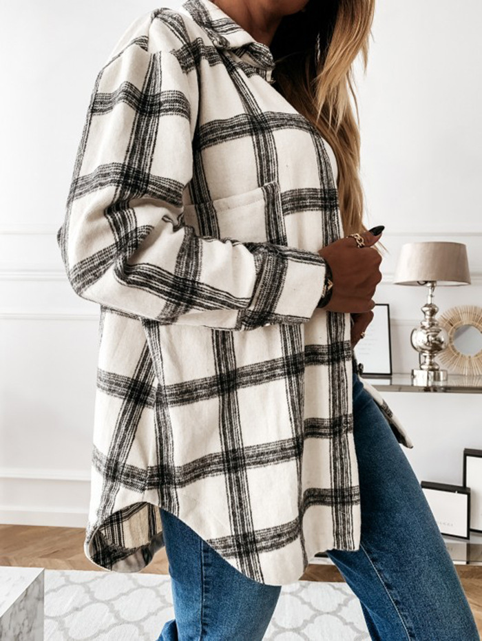 Dames ruiten overhemdjas van wol voor herfst en winter_voghion.com