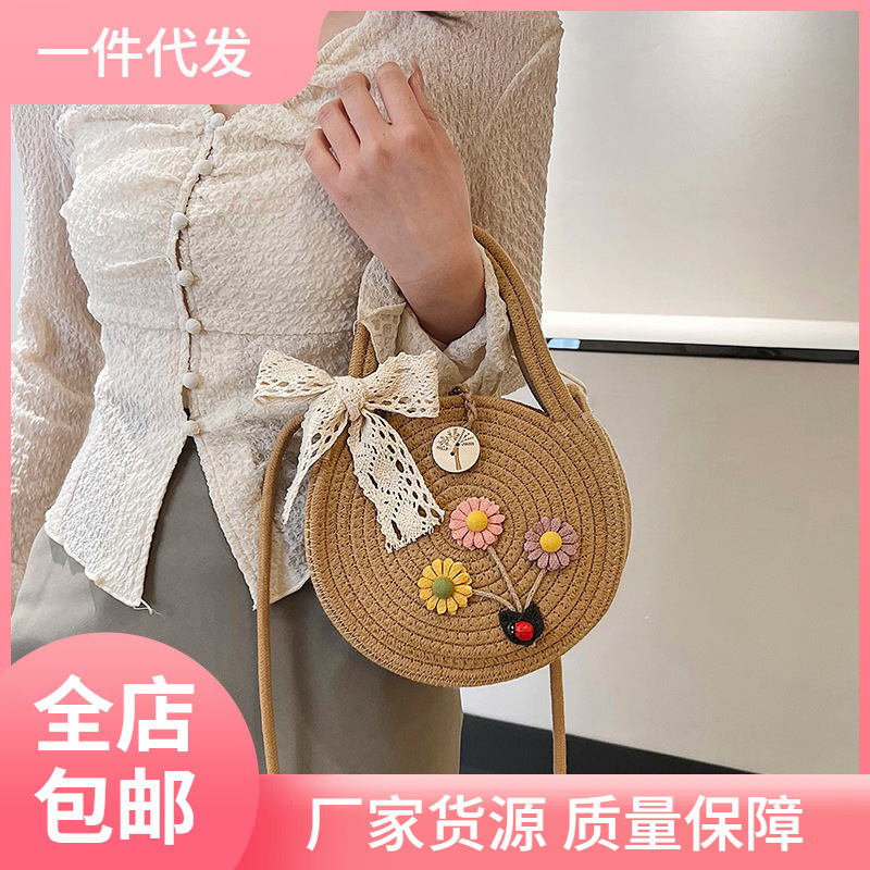 Girl's small round bag women's shoulder bag portable cotton rope bag hand bag hand bag women's crossbody woven bag Girl's small round bag women's shoulder bag portable cotton rope bag hand bag hand bag women's crossbody woven bag