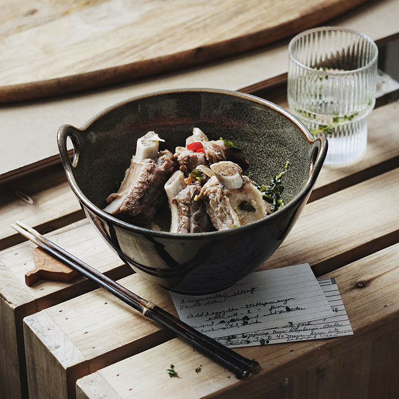 Horno de estilo nórdico, vajilla de cerámica vidriada, restaurante, ensalada de frutas para el hogar, tazón de sopa de dos orejas, tazón de ramen, tazón de arroz grande