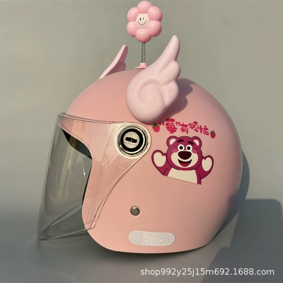 a autumn and winter warm a – Motosiklet kaskı (dəbilqə) - q3c-pink-strawberry-bear-high-definition-long-mirror-pink-wings-pink-shaking-head-flower-new-national-standard-category-a-adult-winter-helmet-free-gem-sticker