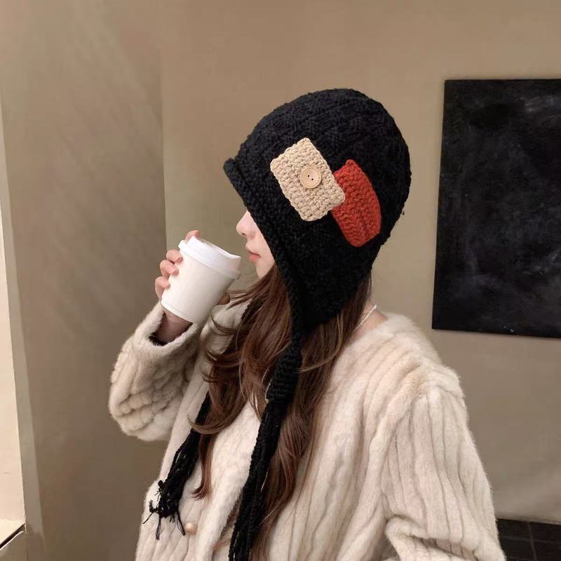 手工辫子针织帽潮新款时尚贴布流苏红色毛线帽子女秋冬季保暖纽扣|undefined