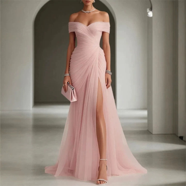 Evening dress cross-border one-shoulder European and American pink 2026 new elegant long slit mesh dress for women Evening dress cross-border one-shoulder European and American pink 2026 new elegant long slit mesh dress for women