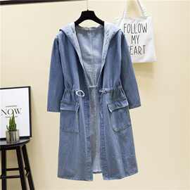 抽绳口袋BF大码外套中长款牛仔衣休闲宽松连帽大显瘦风衣春秋百搭