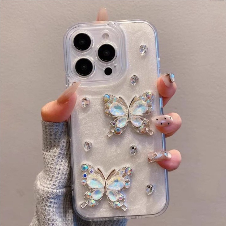 Suitable for Apple 16Promax Mobile Phone Case Iphone17 New High-End Rhinestone Butterfly 15/13 Protective Cover