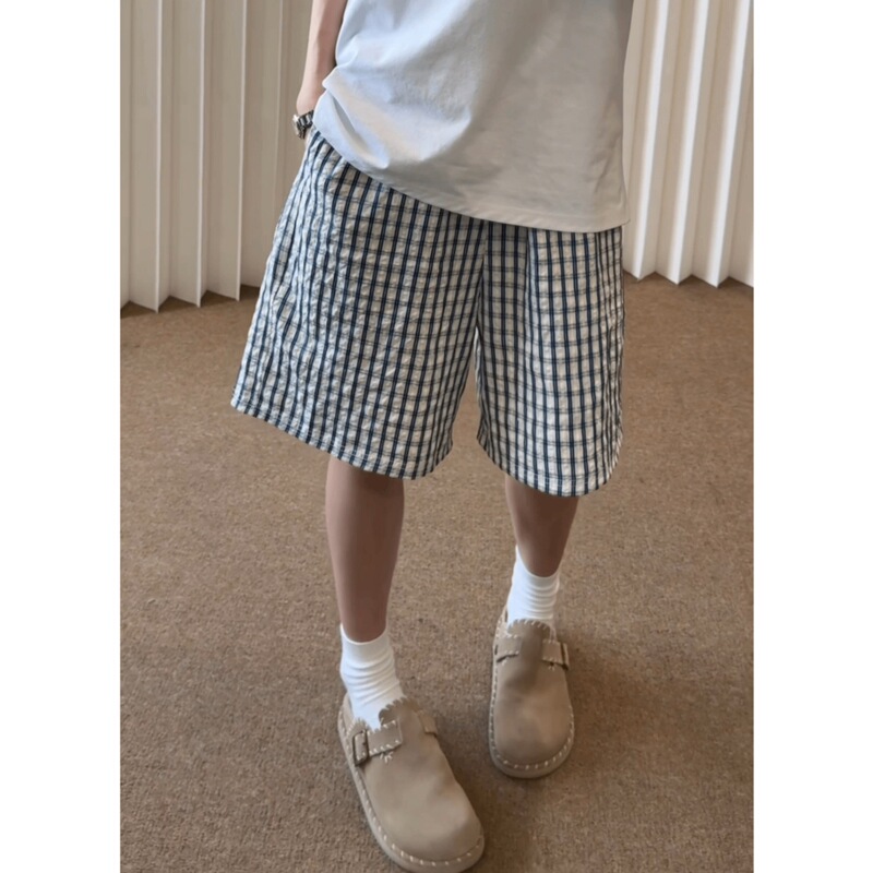 Bubble Gauze Blue Plaid Shorts for Men, Summer Thin Quick-Dry Five-Point Shorts, Lazy Style Ice Silk Beach Pants