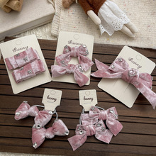 韩系粉色丝绒水钻蝴蝶结女孩发夹可爱百搭发饰头绳小清新少女发饰