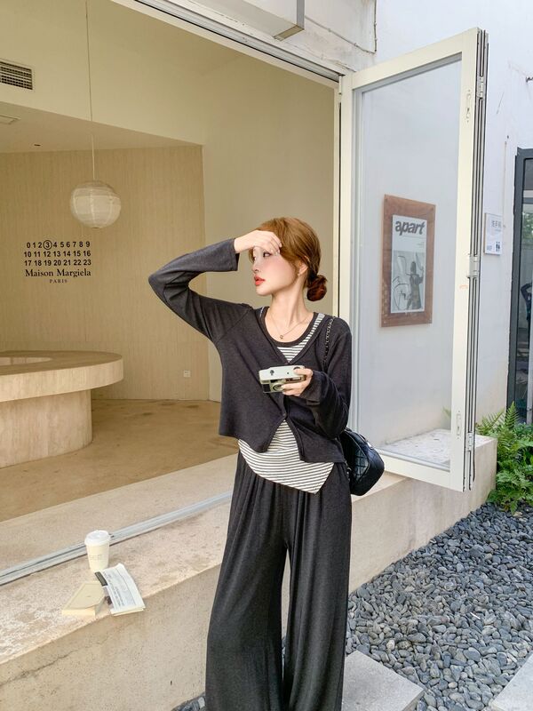 韩系休闲运动套装女2025秋季新款慵懒风条纹背心开衫阔腿裤三件套|undefined