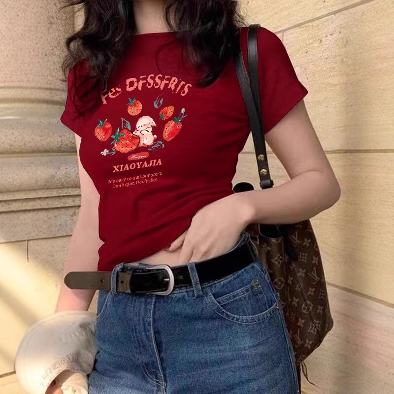 American Retro Right Shoulder Cartoon Strawberry Bunny Short-Sleeved T-Shirt for Women Summer New Sweet Sexy Casual Versatile Top