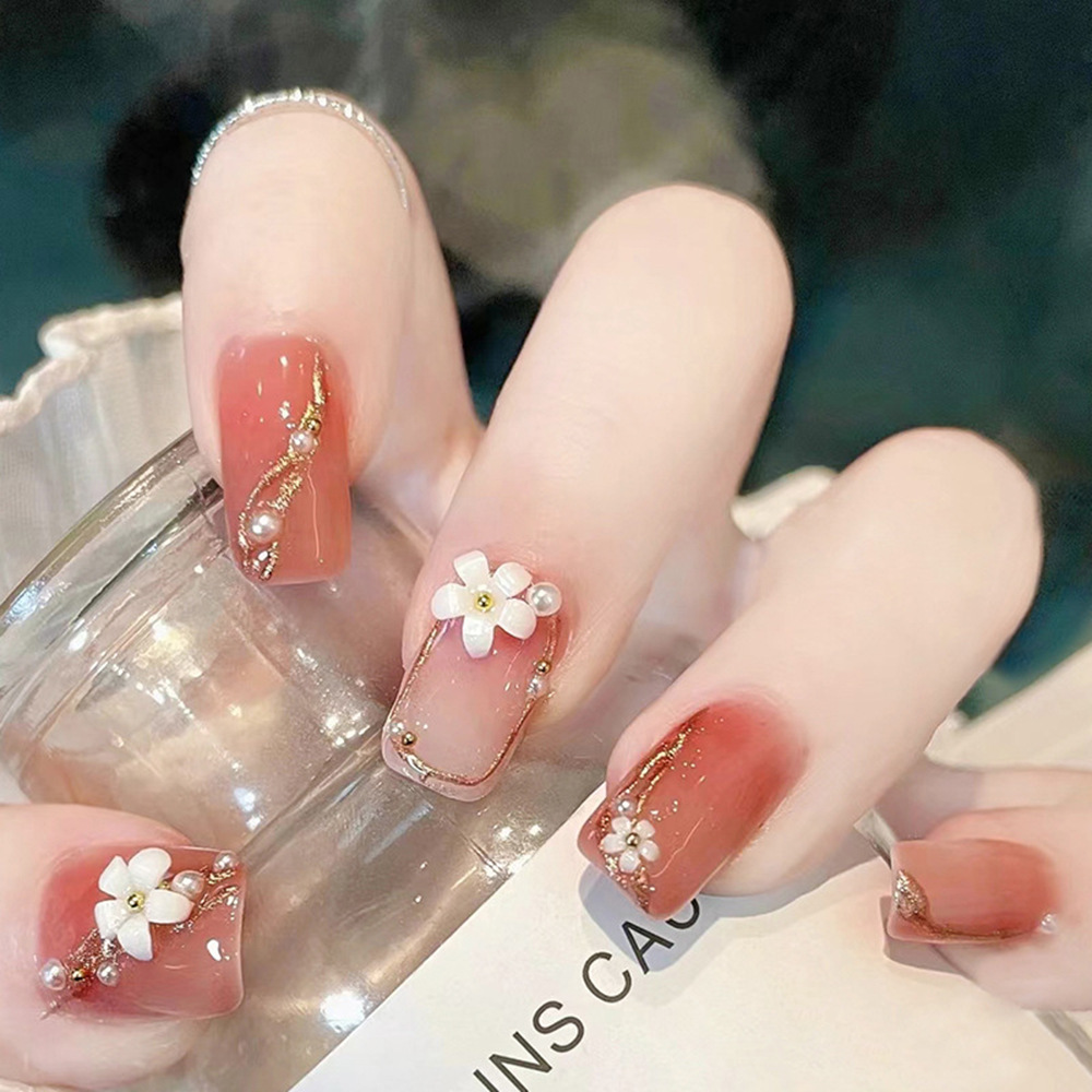 Unas de perlas de Phnom Penh de alto nivel, 24 piezas de blush gradiente puro, deseo de manicure, un pequeño libro de uñas falsas rojas, suministro directo image 1